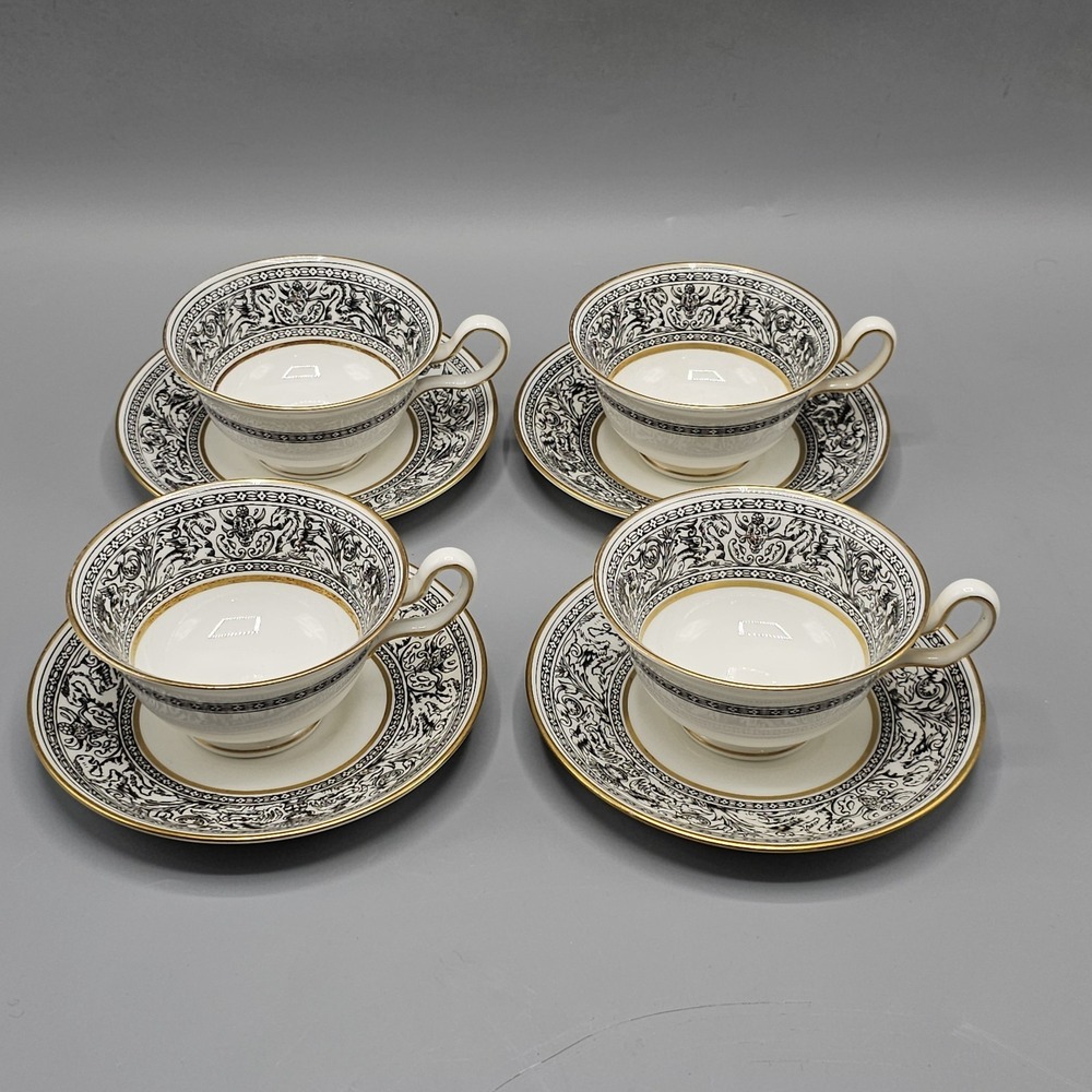 Wedgwood Florentine Black Dragon Tea Cup & Saucers Gold Rim Peony Shape Set Of 4